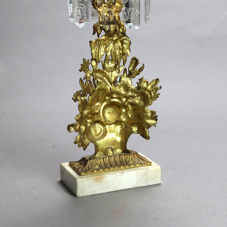 Pair Antique Gilt Bronze, Marble & Cut Crystal Floral Form Girandoles c1890