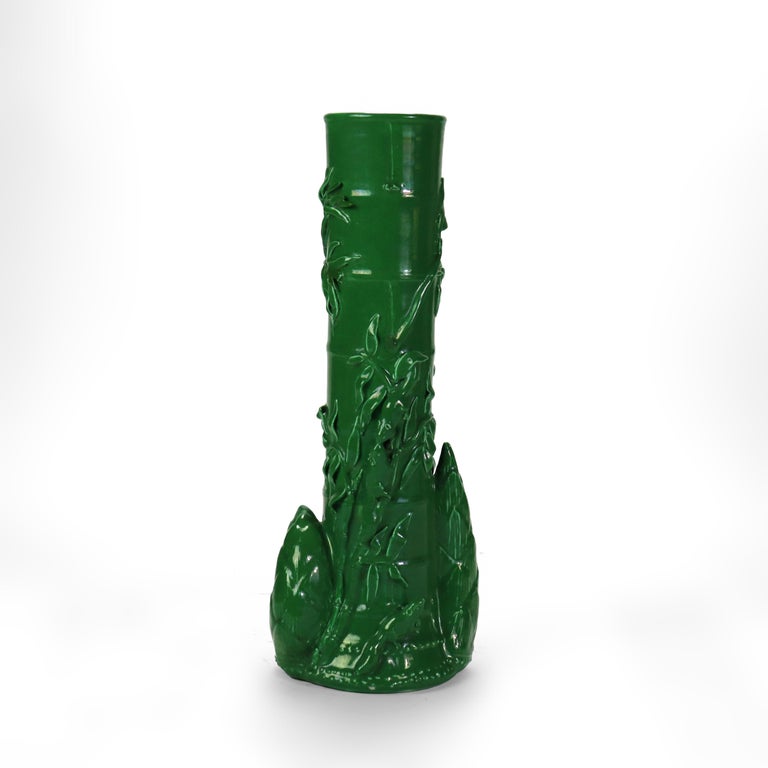 Antique Chinese Figural & Foliate Jade Green Glazed Pottery Vase c1930