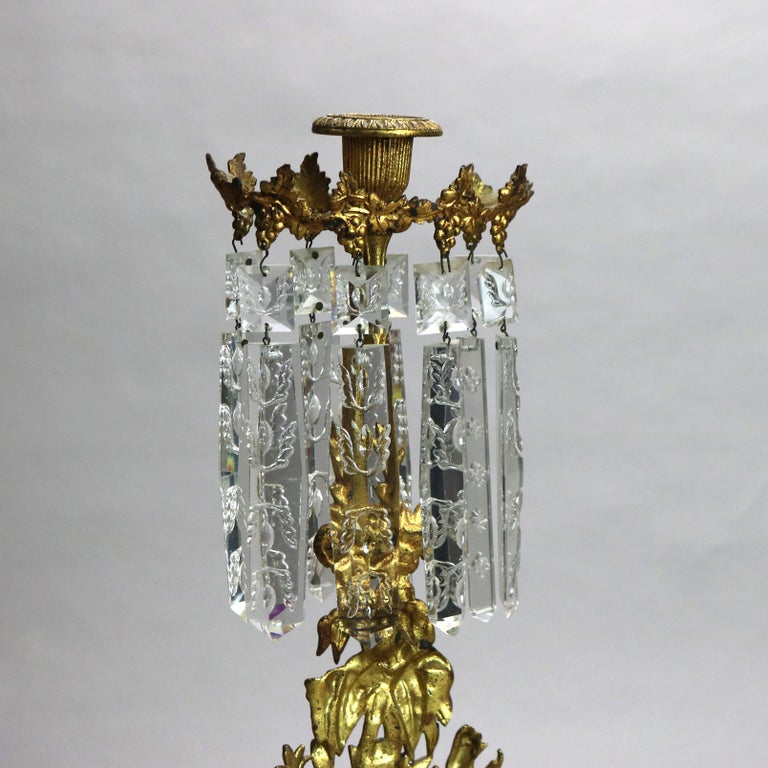 Pair Antique Gilt Bronze, Marble & Cut Crystal Floral Form Girandoles c1890
