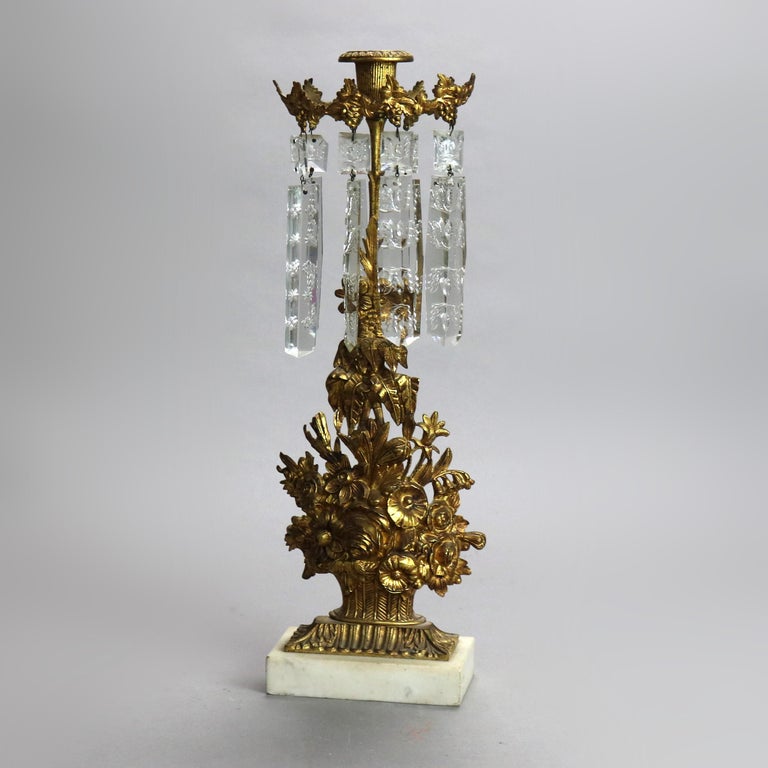 Pair Antique Gilt Bronze, Marble & Cut Crystal Floral Form Girandoles c1890