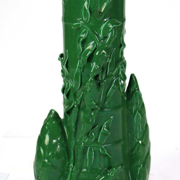 Antique Chinese Figural & Foliate Jade Green Glazed Pottery Vase c1930