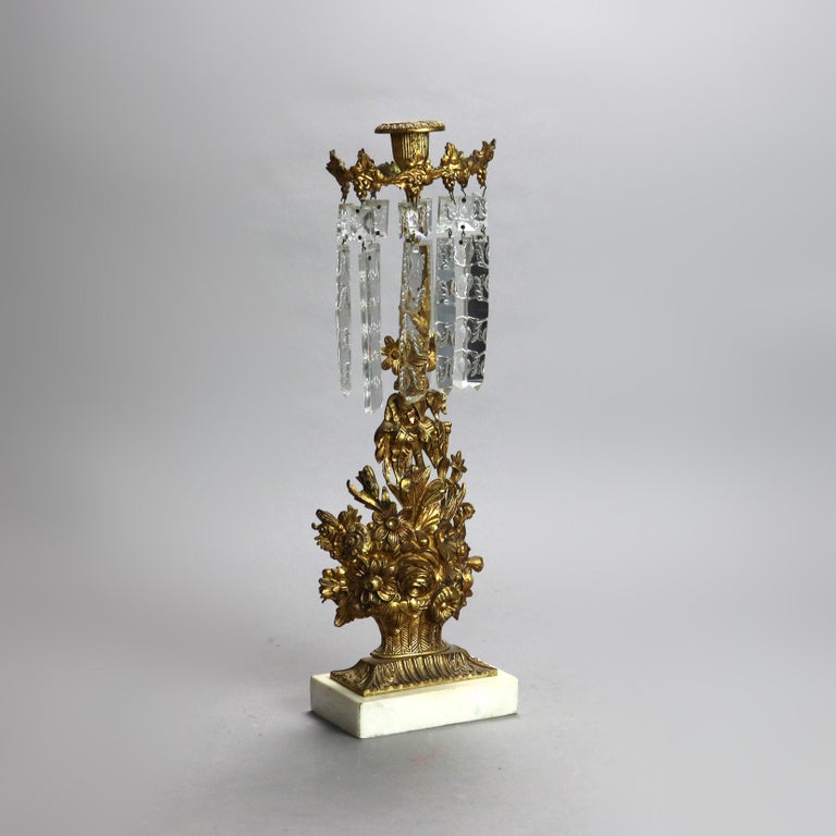 Pair Antique Gilt Bronze, Marble & Cut Crystal Floral Form Girandoles c1890