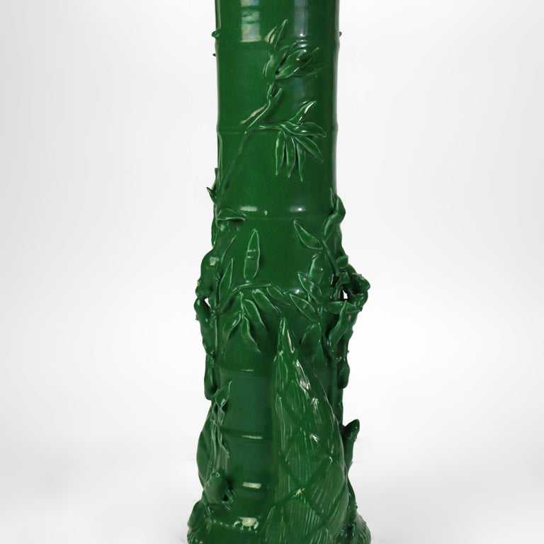 Antique Chinese Figural & Foliate Jade Green Glazed Pottery Vase c1930