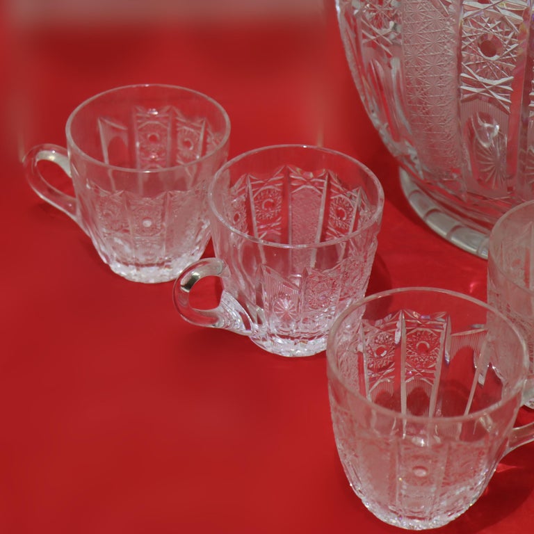 Fifteen Piece Antique Hawk School Cut Glass Diamond & Daisy Punch Bowl Set