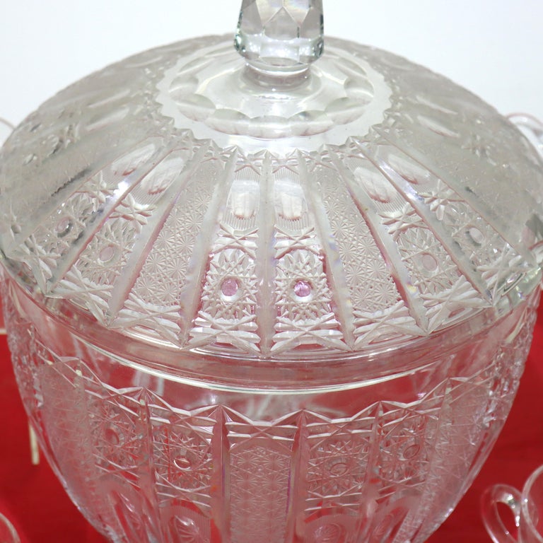 Fifteen Piece Antique Hawk School Cut Glass Diamond & Daisy Punch Bowl Set