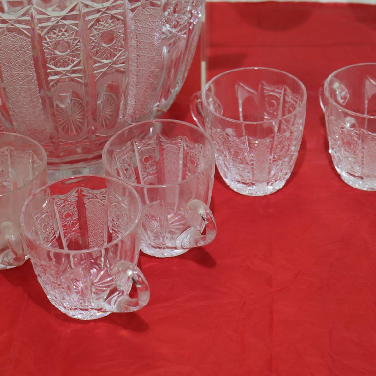 Fifteen Piece Antique Hawk School Cut Glass Diamond & Daisy Punch Bowl Set