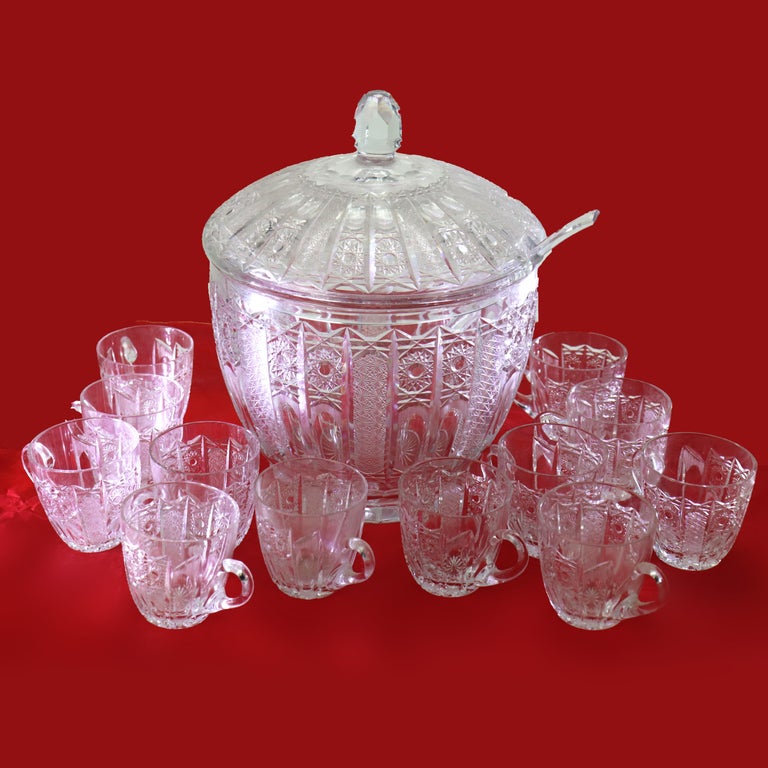 Fifteen Piece Antique Hawk School Cut Glass Diamond & Daisy Punch Bowl Set