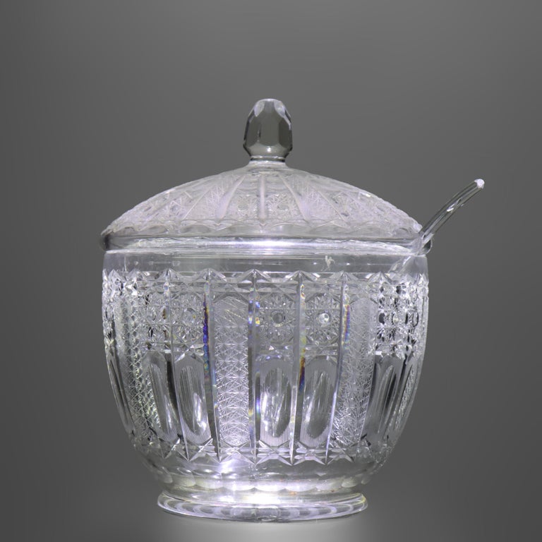 Fifteen Piece Antique Hawk School Cut Glass Diamond & Daisy Punch Bowl Set