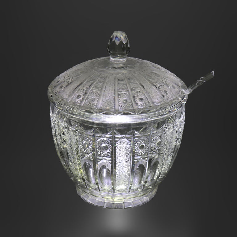 Fifteen Piece Antique Hawk School Cut Glass Diamond & Daisy Punch Bowl Set