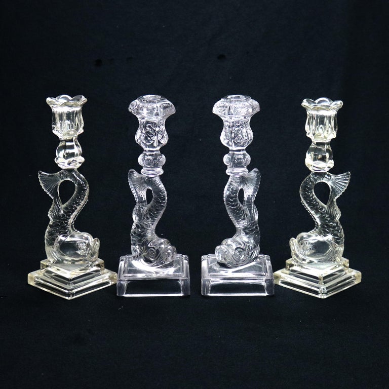 Four Antique Figural Dolphin Fish Sandwich Glass Candlesticks C1930