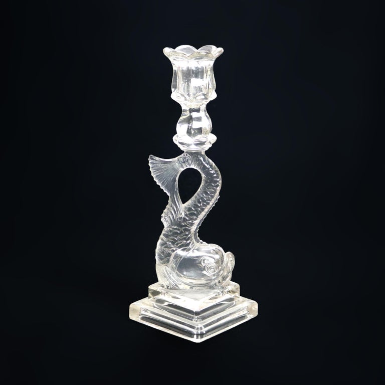 Four Antique Figural Dolphin Fish Sandwich Glass Candlesticks C1930