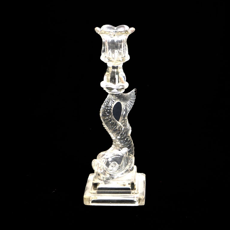 Four Antique Figural Dolphin Fish Sandwich Glass Candlesticks C1930