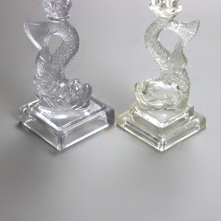 Four Antique Figural Dolphin Fish Sandwich Glass Candlesticks C1930