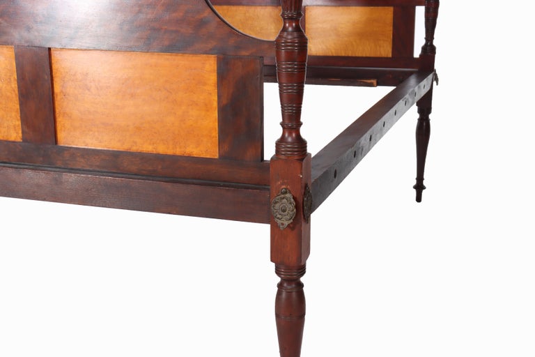 Antique Sheraton Flame Mahogany & Birdseye Maple Pencil Post Bed Frame c1830