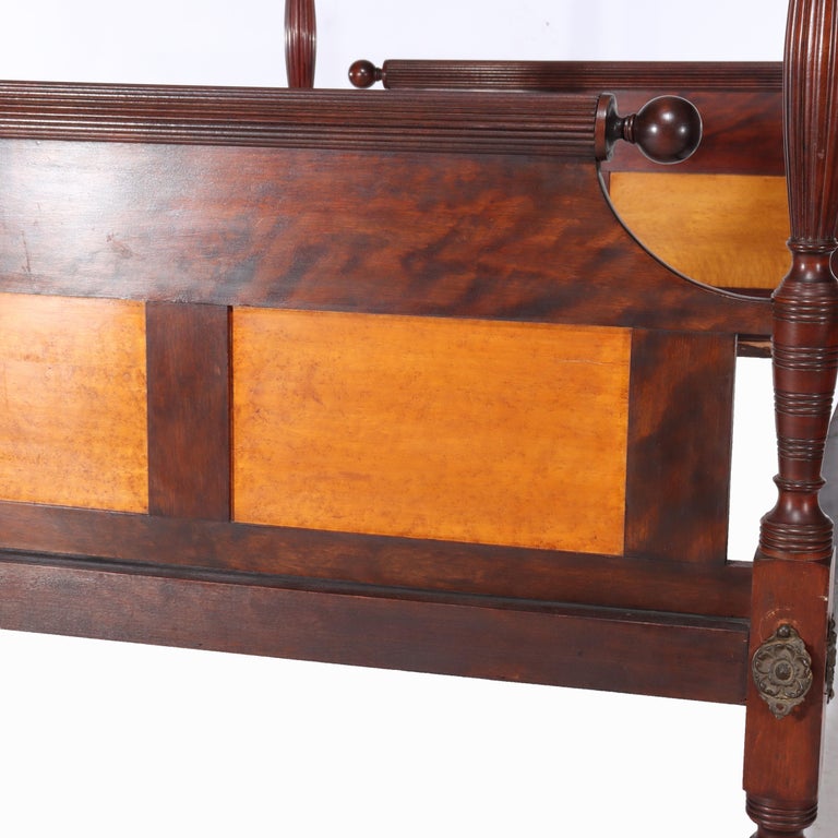 Antique Sheraton Flame Mahogany & Birdseye Maple Pencil Post Bed Frame c1830