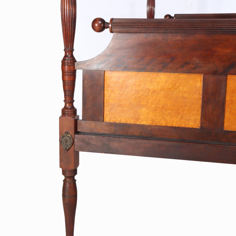 Antique Sheraton Flame Mahogany & Birdseye Maple Pencil Post Bed Frame c1830