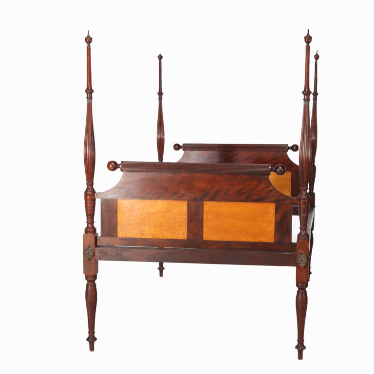 Antique Sheraton Flame Mahogany & Birdseye Maple Pencil Post Bed Frame c1830
