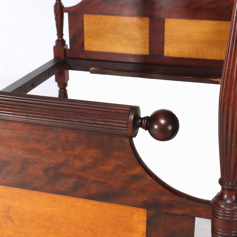 Antique Sheraton Flame Mahogany & Birdseye Maple Pencil Post Bed Frame c1830