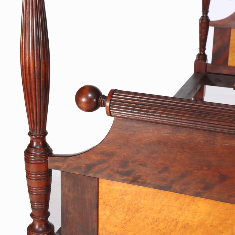 Antique Sheraton Flame Mahogany & Birdseye Maple Pencil Post Bed Frame c1830