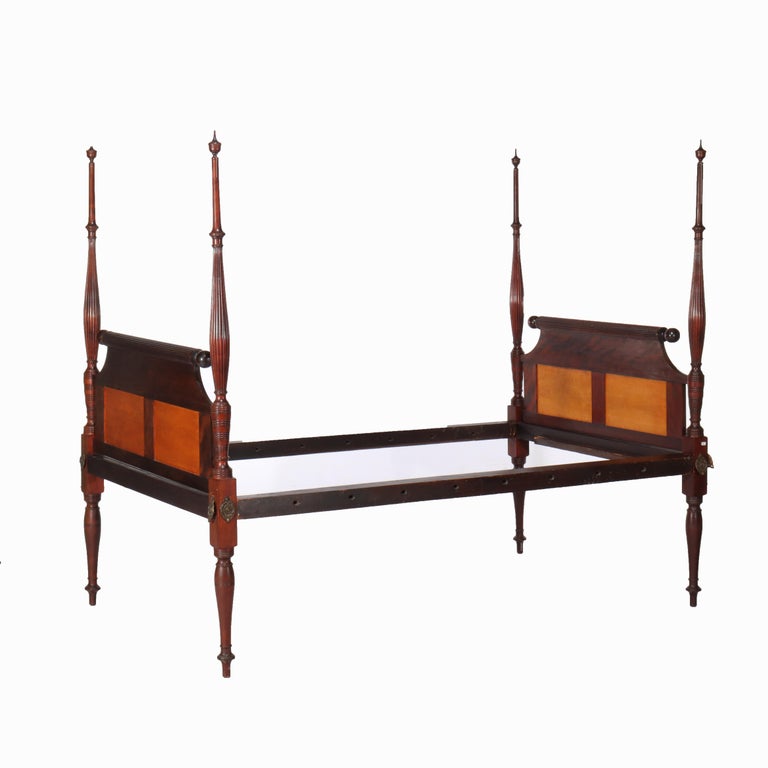 Antique Sheraton Flame Mahogany & Birdseye Maple Pencil Post Bed Frame c1830