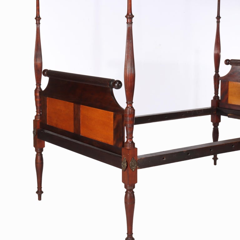 Antique Sheraton Flame Mahogany & Birdseye Maple Pencil Post Bed Frame c1830