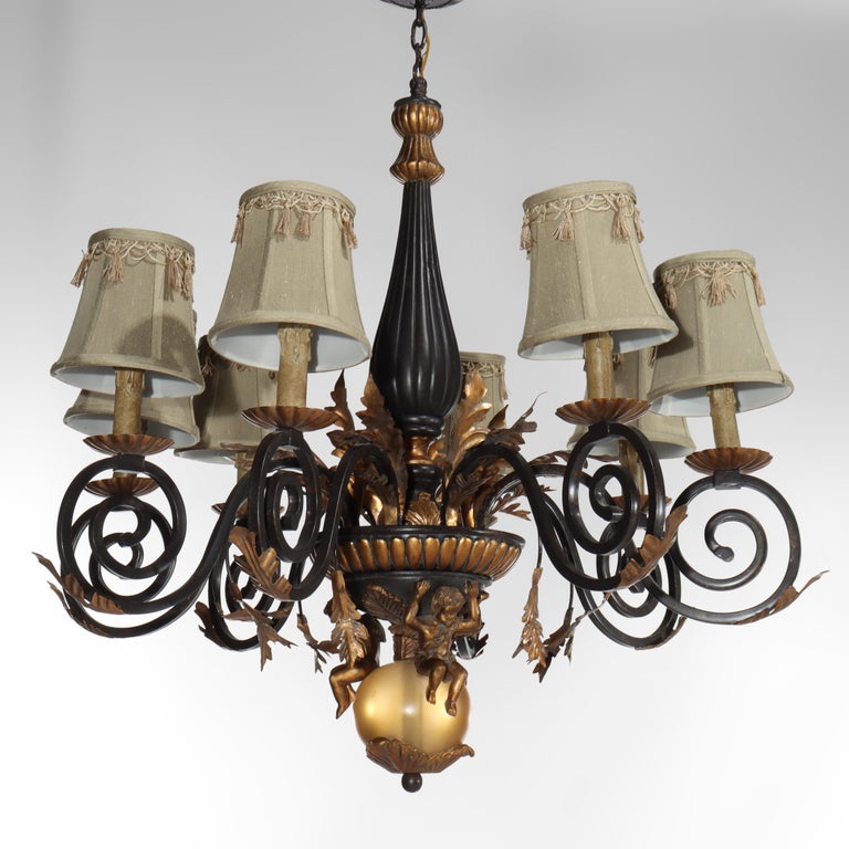 Vintage French Louis XIV Style Figural Cherub Gilt & Ebonized Chandelier c1940