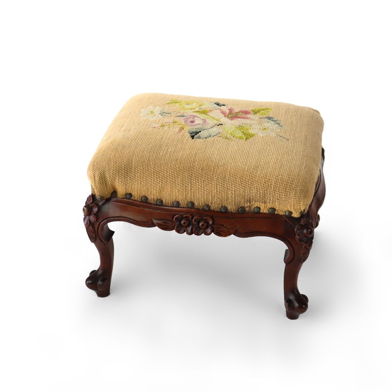 Antique Louis XIV Style Carved Walnut & Tapestry Footstool C1890