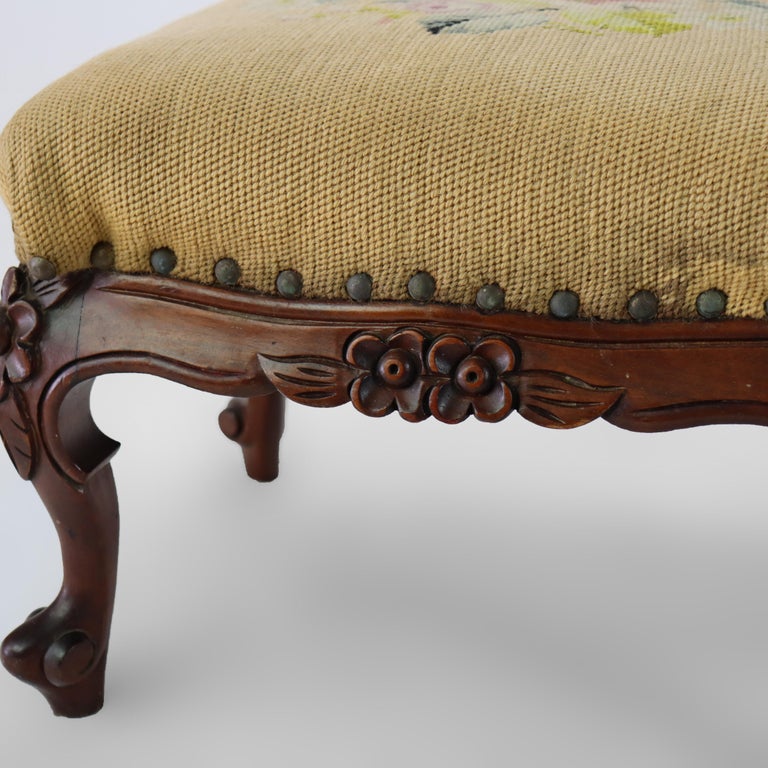 Antique Louis XIV Style Carved Walnut & Tapestry Footstool C1890