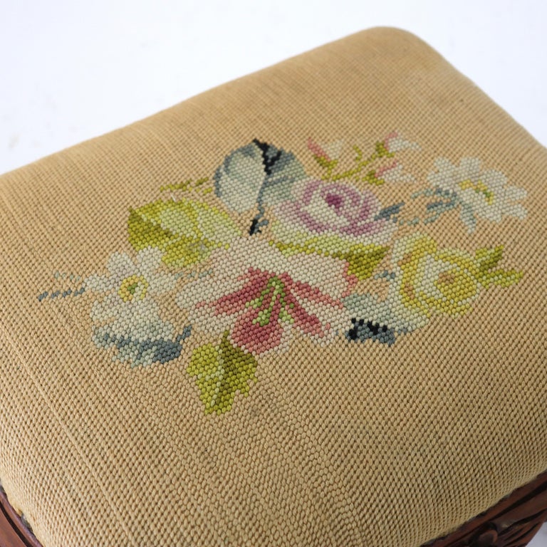 Antique Louis XIV Style Carved Walnut & Tapestry Footstool C1890