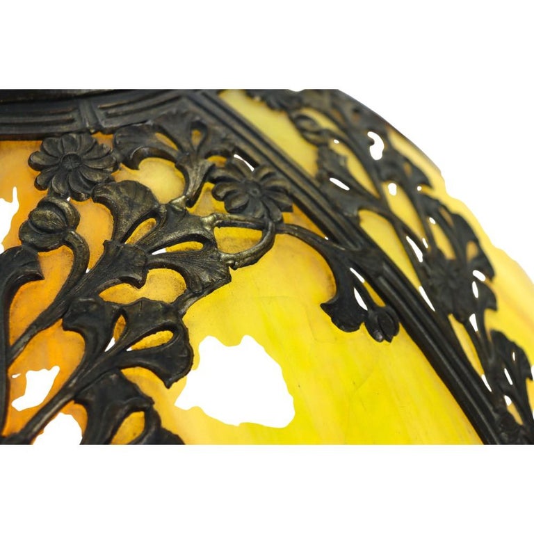 Antique Bradley & Hubbard School 6-Panel Slag Glass Lamp With Floral Motif c1920