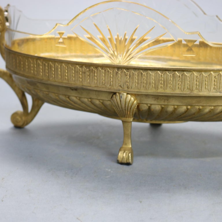 Antique Neoclassical Silver Plate Gold Washed & Crystal Glass Center Bowl, c1900