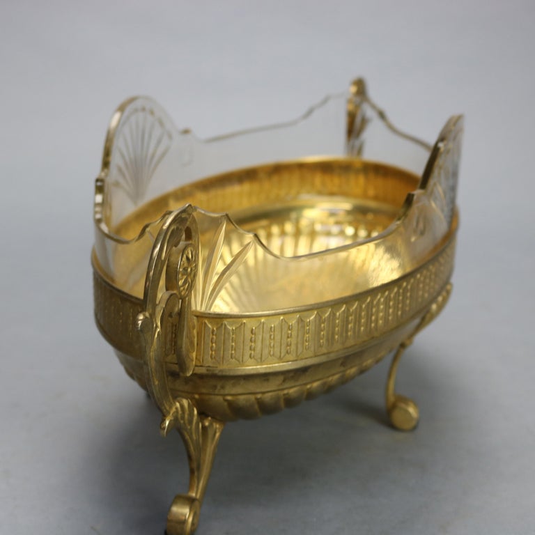 Antique Neoclassical Silver Plate Gold Washed & Crystal Glass Center Bowl, c1900