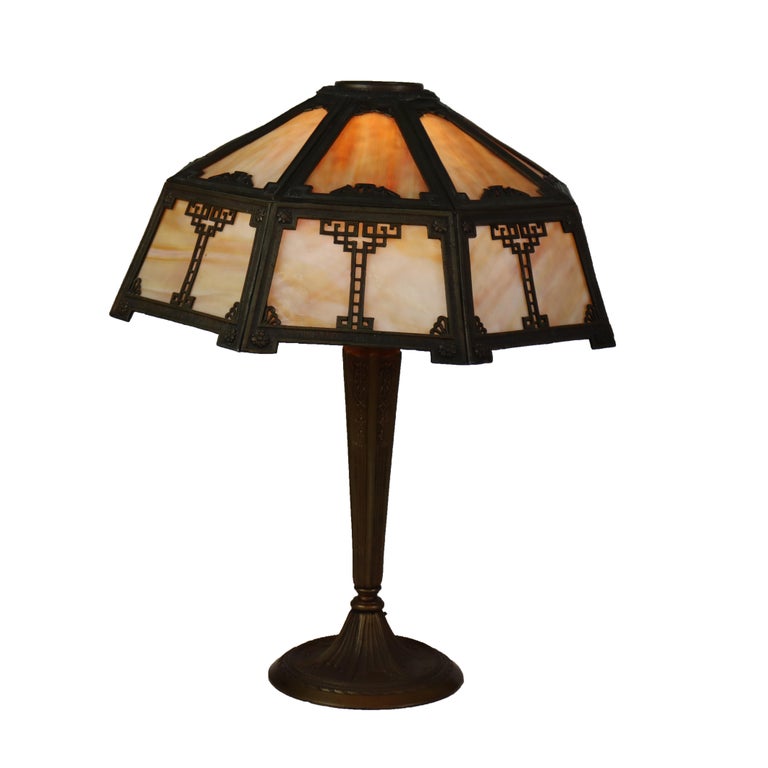 Antique Arts & Crafts Slag Glass Table Lamp C1910