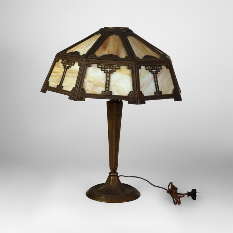 Antique Arts & Crafts Slag Glass Table Lamp C1910