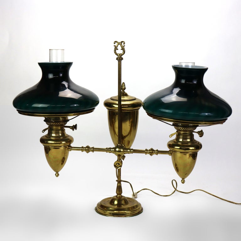 Antique Brass Double Student Lamp With Emerald Case Shades c1910