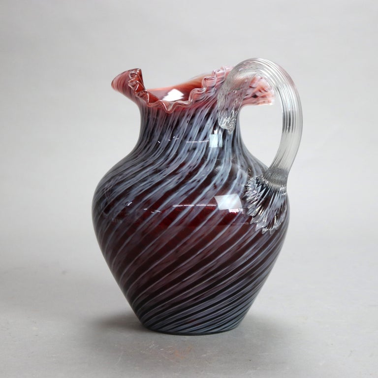 Antique Mt. Washington School Ruby & Opalescent Swirl Ruffle Top Glass Pitcher