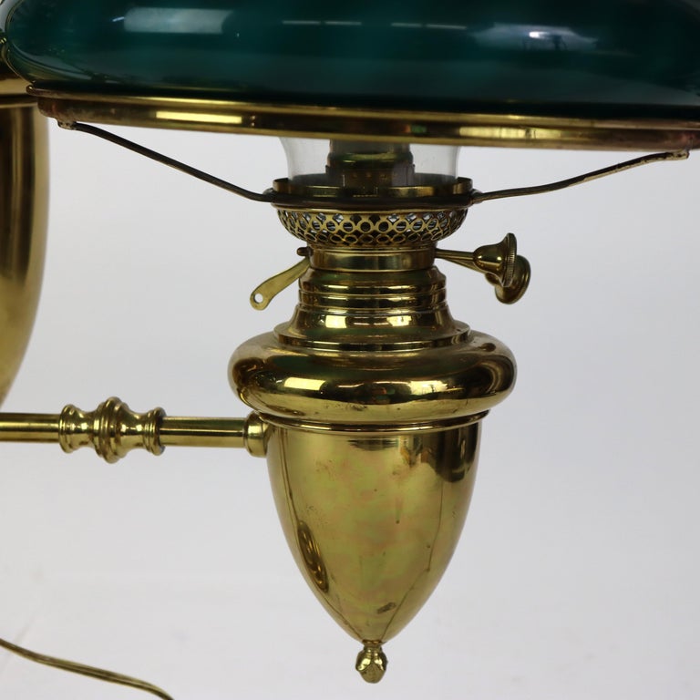Antique Brass Double Student Lamp With Emerald Case Shades c1910