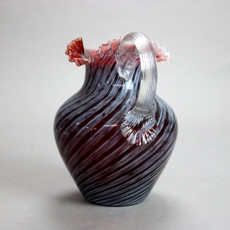 Antique Mt. Washington School Ruby & Opalescent Swirl Ruffle Top Glass Pitcher