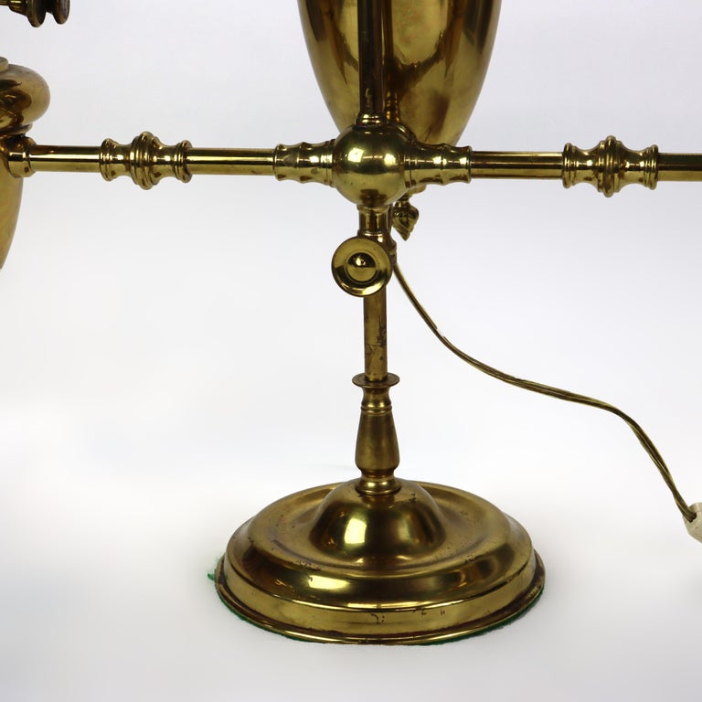 Antique Brass Double Student Lamp With Emerald Case Shades c1910