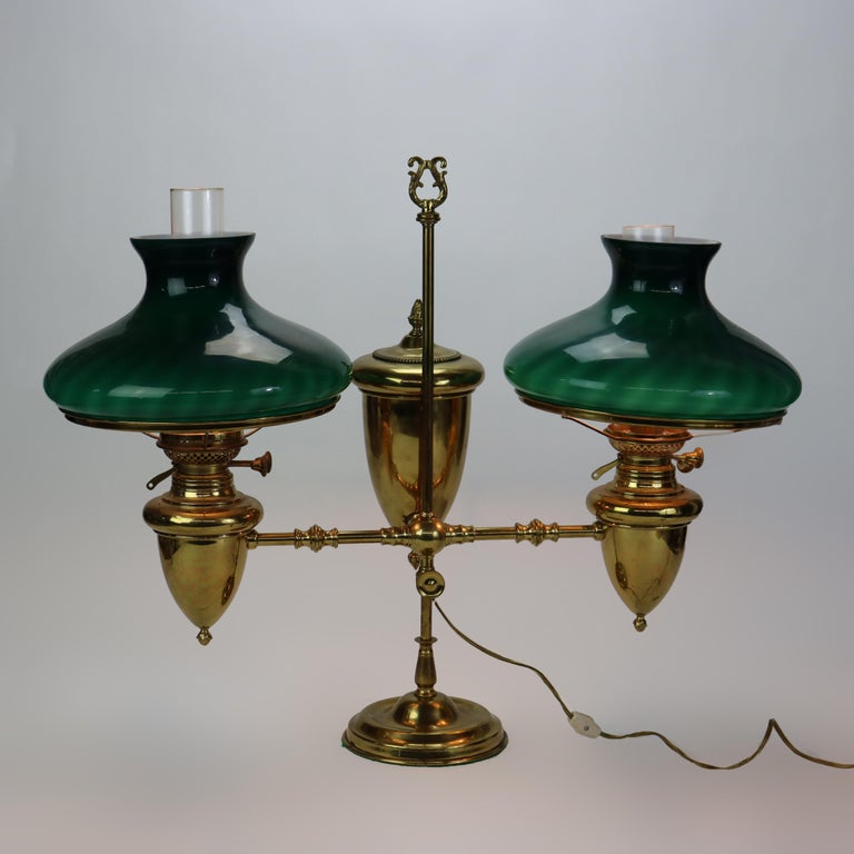 Antique Brass Double Student Lamp With Emerald Case Shades c1910
