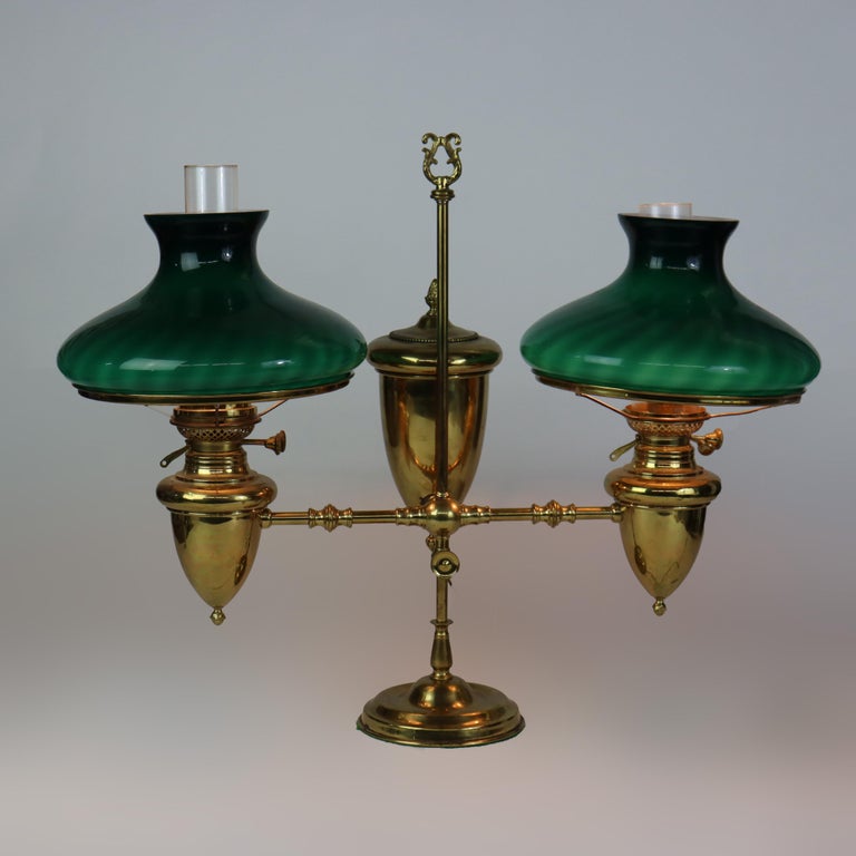 Antique Brass Double Student Lamp With Emerald Case Shades c1910