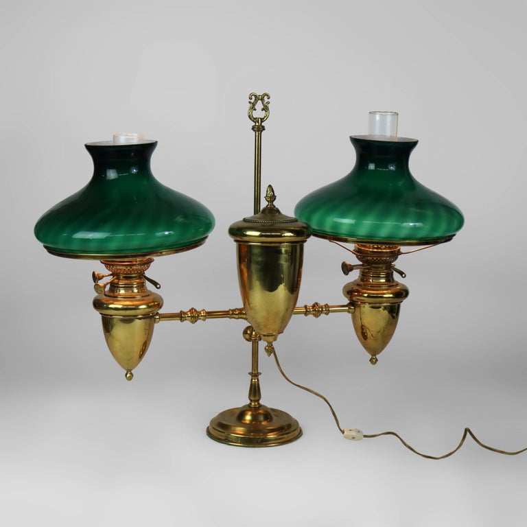 Antique Brass Double Student Lamp With Emerald Case Shades c1910