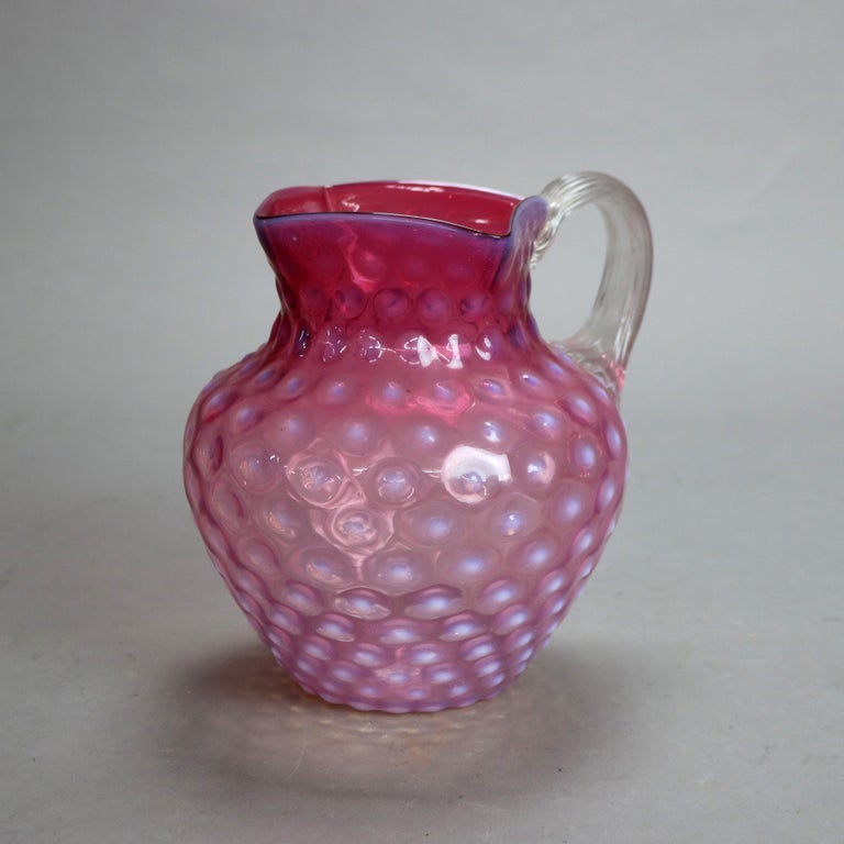 Antique Mt. Washington School Cranberry Hobnail Glass Water Pitcher C1900