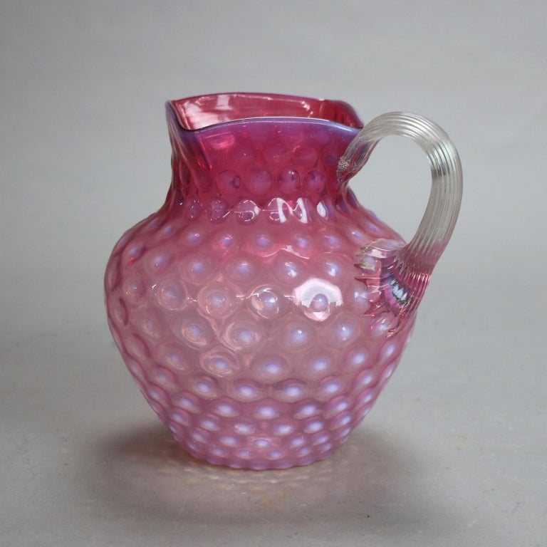 Antique Mt. Washington School Cranberry Hobnail Glass Water Pitcher C1900