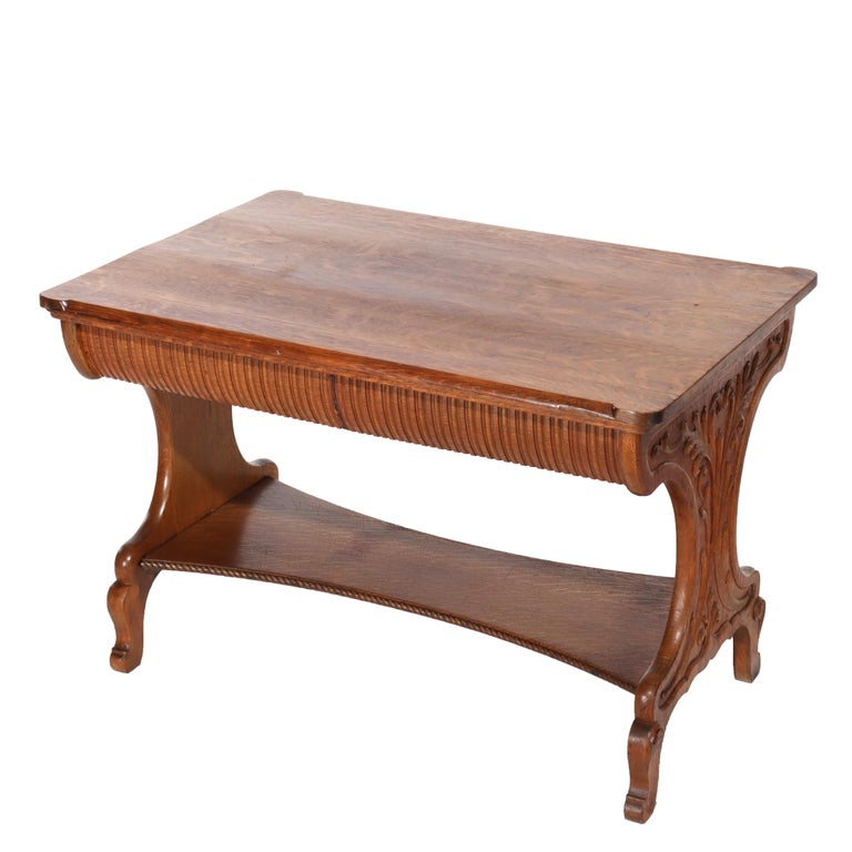 Antique RJ Horner Arts & Crafts Carved Oak Two-Drawer Library Table c1910