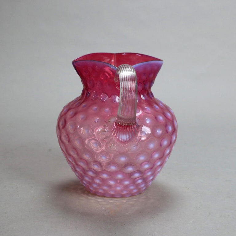 Antique Mt. Washington School Cranberry Hobnail Glass Water Pitcher C1900