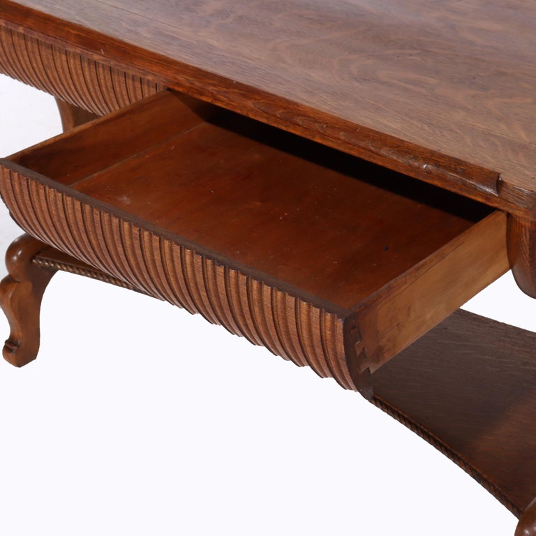 Antique RJ Horner Arts & Crafts Carved Oak Two-Drawer Library Table c1910
