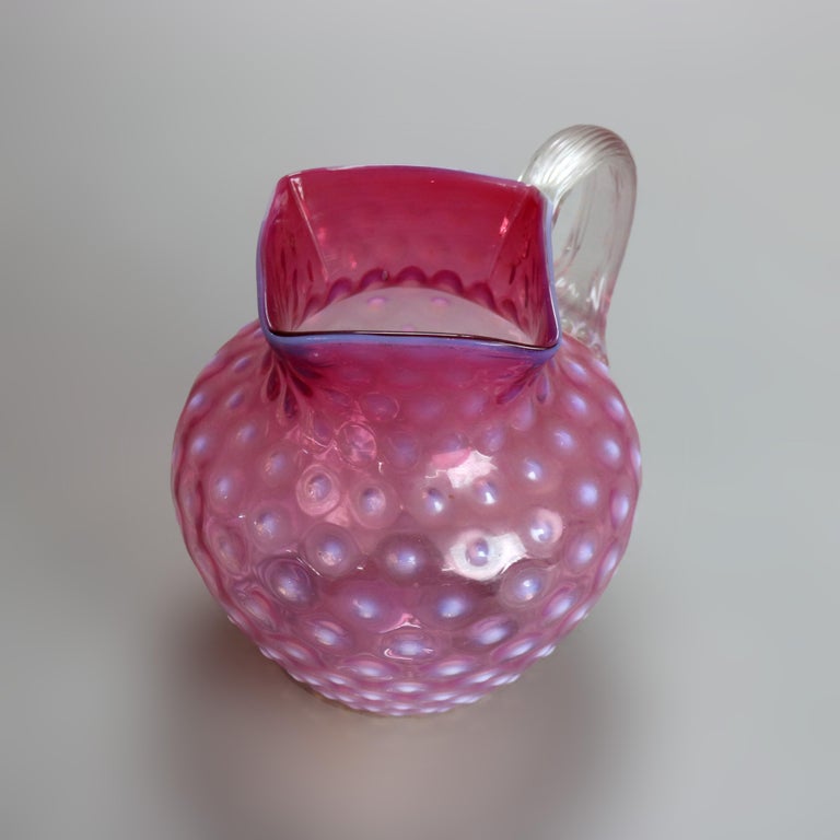 Antique Mt. Washington School Cranberry Hobnail Glass Water Pitcher C1900
