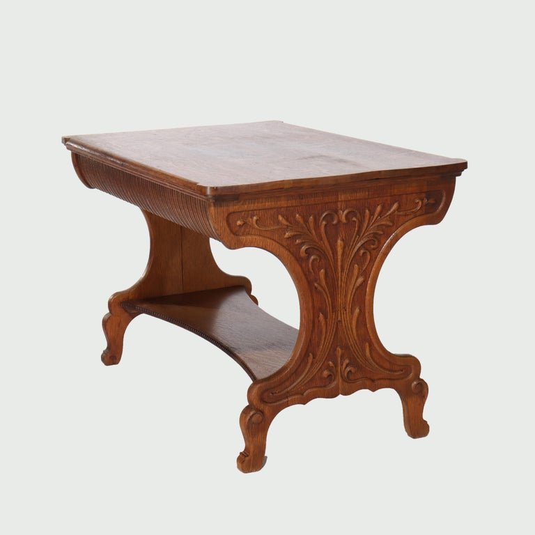 Antique RJ Horner Arts & Crafts Carved Oak Two-Drawer Library Table c1910
