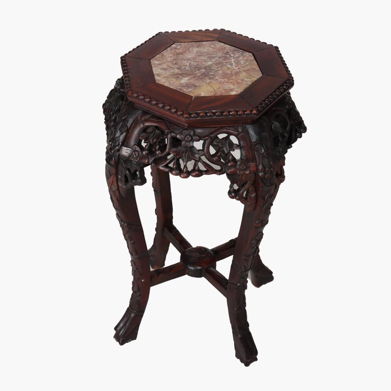 Antique Chinese Floral Carved Hardwood Stand With Rouge Marble Top c1910